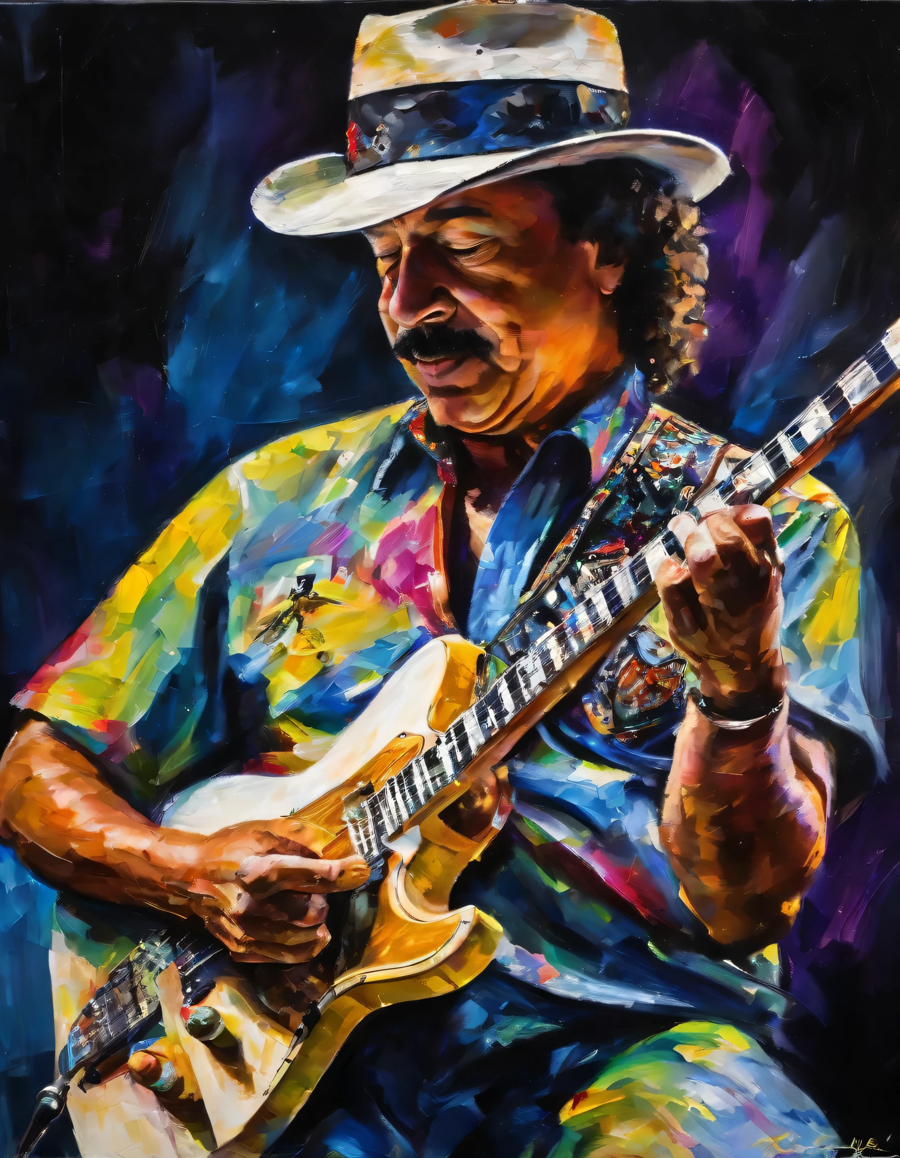Banda de Rock. carlos santana, In love with his black and white electric guitar. shoulder length wet hair, Tocando em um palco profissional com luzes, nevoeiro, Telas e pirotecnia. super realista , profesional lighting,