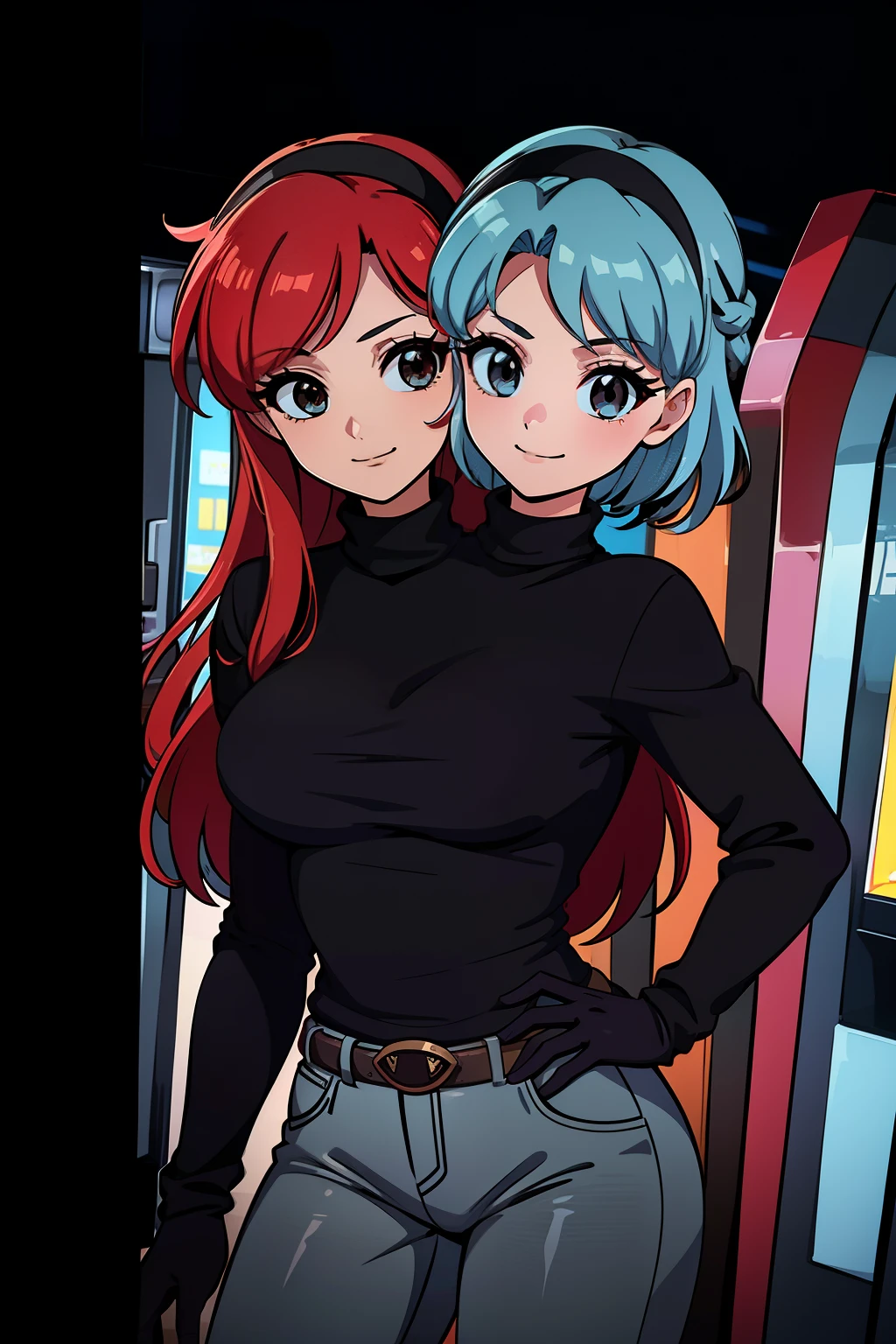 best quality, (masterpiece),(ultra-detailed), (high quality), (high resolution), ((2heads:1.5)), best quality:1.5, highres, UHD, 16K), smiling, highres, masterpiece, ((light blue hair)), ((red hair)), ((different hair colors)), gamer girl, long hair, hair band, black eyes, ((black turtleneck shirt)), grey pants, arcade room, (black gloves), cowboy shot