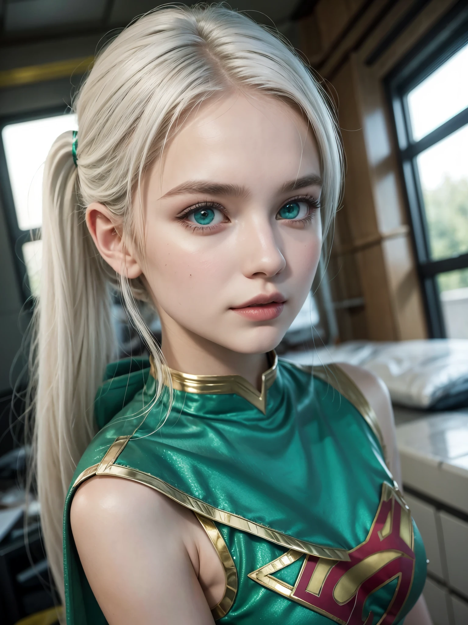 Hot girl, white hair, green eyes, wearing supergirl outfit