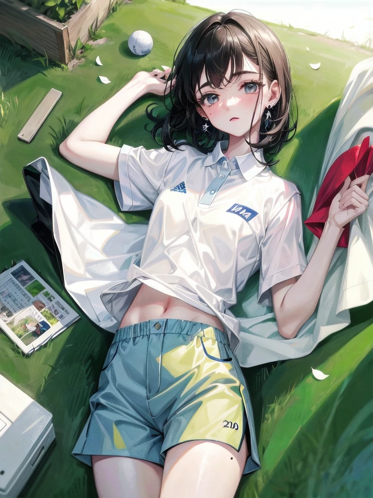 golf uniform, shorts, absurdres, RAW photo, extremely delicate and beautiful, masterpiece, Best Quality, ultra high resolution, 32k, hyperrealistic, ultra-detailed, detailed description, pale skin, 20 years old, tearful mole, earring, big tits, short medium hair, wavy hair, whole body shot,