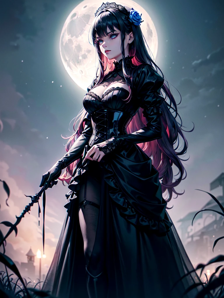 "(best quality,ultra-detailed,photorealistic:1.37),A girl with (beautiful detailed eyes:1.1:1.1), (long eyelashes:1.1),(blue eyes) and (fair skin as snow), (gotic dyed hair:1.1) (ruby red) (wavy and purple-tinged) (hair) wearing gothic outfit. The girl is standing in a (dark and mysterious:0.9) garden, surrounded by (twisted and overgrown) (black rose bushes), with (moonlight) casting an eerie glow. The girl's outfit consists of a (black lace) (corset), (voluminous) (black tulle) (skirt), and (high-heeled boots). Her (dark eyeliner:1.1:1.1) and (blood-red lipstick) add to her (intense and mysterious) gaze. The garden is filled with (subtle fog) and (ethereal shadows), creating an (haunting atmosphere). The (moonlit sky) above is (starry) and (dark), with a (full moon) shining brightly. The overall color palette of the scene is (dominated by dark, cool tones), with hints of (deep purples) and (rich blues). The lighting is (dramatic and moody), with (soft moonlight) casting shadows on the girl's face and outfit, emphasizing the (contrast between light and dark)."
Notice:The above is a longer version of the prompt,If you want to simplify you can omit some details or add details。