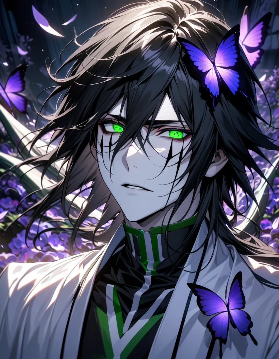 absurdres, highres, ultra detailed, HDR, masterpiece, extremely detailed face and eyes, Ulquiorra Cifer, black hair, hair between the eyes, expressive green eyes, pale skin, Bleach, solo, sexy man, handsome, handsome, white clothes, purple butterflies, purple petals, purple flowers