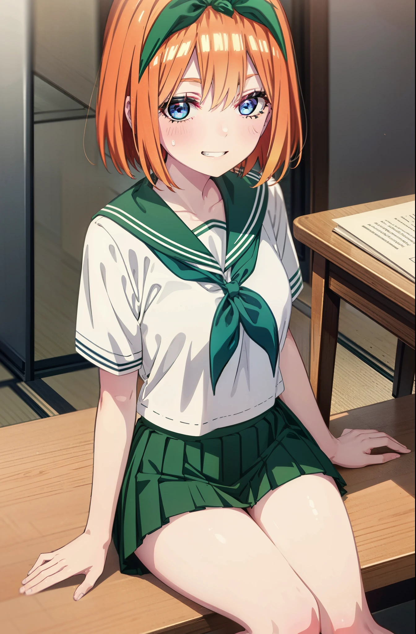 yotsubanakano, yotsuba nakano, bangs, short hair, blue eyes, Hair between the eyes, hair ribbon, hair band, Orange Hair, (Green ribbon:1.5), smile, Grin,Big Breasts,Japanese schoolgirl(Black Sailor Suit),Short sleeve,Black pleated skirt,White tights,Brown Loafers,Daytime,Clear skies,Sitting at a desk,whole bodyがイラストに入るように,Looking down from above,
break indoors, School,Big Breasts,
break looking at viewer, whole body,
break (masterpiece:1.2), highest quality, High resolution, unity 8k wallpaper, (shape:0.8), (Beautiful details:1.6), Highly detailed face, Perfect lighting, Extremely detailed CG, (Perfect hands, Perfect Anatomy),
