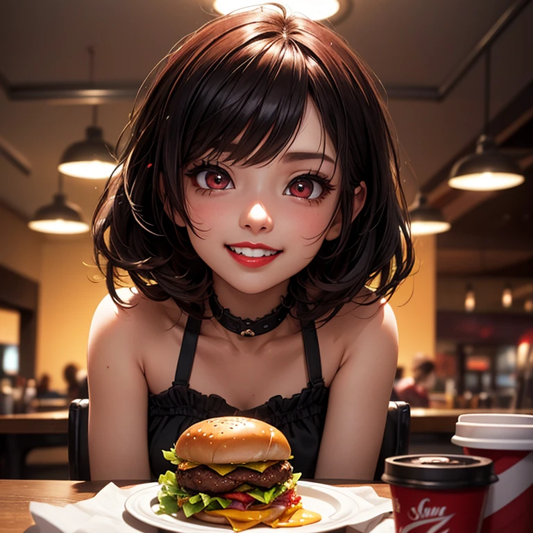 masterpiece, best quality, 8K wallpaper, HDR, octane rendering. (Daughter of Chibi Chara:1.2), Black Bob, Big Burger Double Cheese Bacon🍔, Set menu, Inside a fast food restaurant, eat. Chibi has (beautiful and detailed face with perfect symmetry), (beautiful and detailed big red eyes: 1.2), (red lips, smile, teeth: 1.2), (body with perfect anatomy, perfect natural texture, high details, shiny skin) cinematic lighting, vivid colors, detailed illustration, depth of field