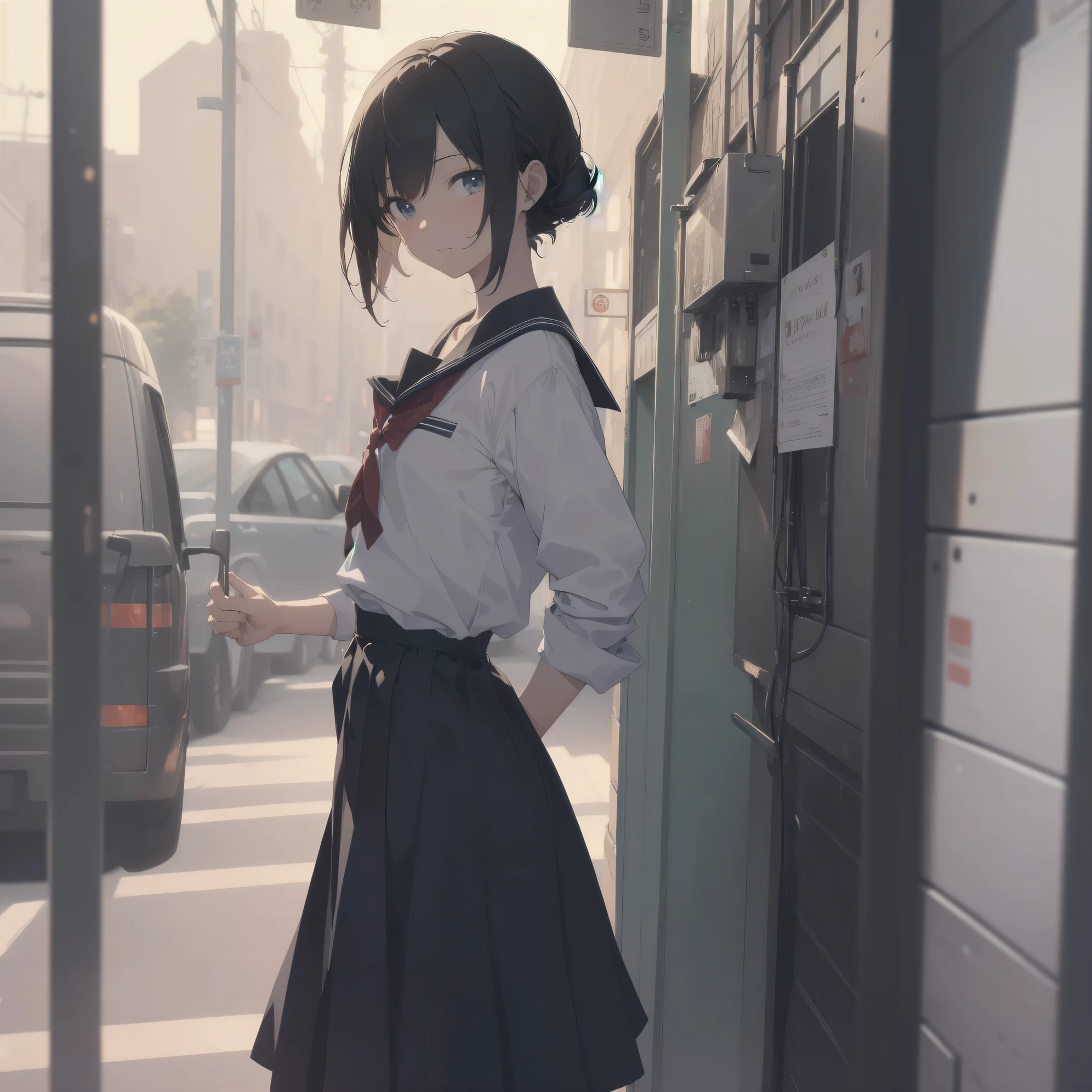 ultra-absurdres-Top quality by artist God, ultra-detailed, high resolution, anime moe artstyle, best anime 8k konachan wallpaper, pixiv contest winner, pool:2810, perfect anatomy,break, 1girl, (Please draw a girl walking sleepily to school alone. )break,(Solo,little female, 13-year-old:1.3),Full limbs, complete fingers,a junior high school student, (very short hair), short cut, flat chest, , small butt, small black eyes, beautiful detailed eyes, well-proportioned iris and pupils, expressive eyes, highres detailed hair, soft expression, salor school_uniform, sailor collar, serahuku, bow, pleated skirt,(Detailed Lighting), (Detailed background), in the School commute route. break,super detailed skin, Best cinematic lighting powered by famous artist, 8k,beauty illustration,photoshop_(medium),very aesthetic,break,((artist:minaba_hideo )), artist:clamp ,artist:carnelian ,artist:kantoku ,