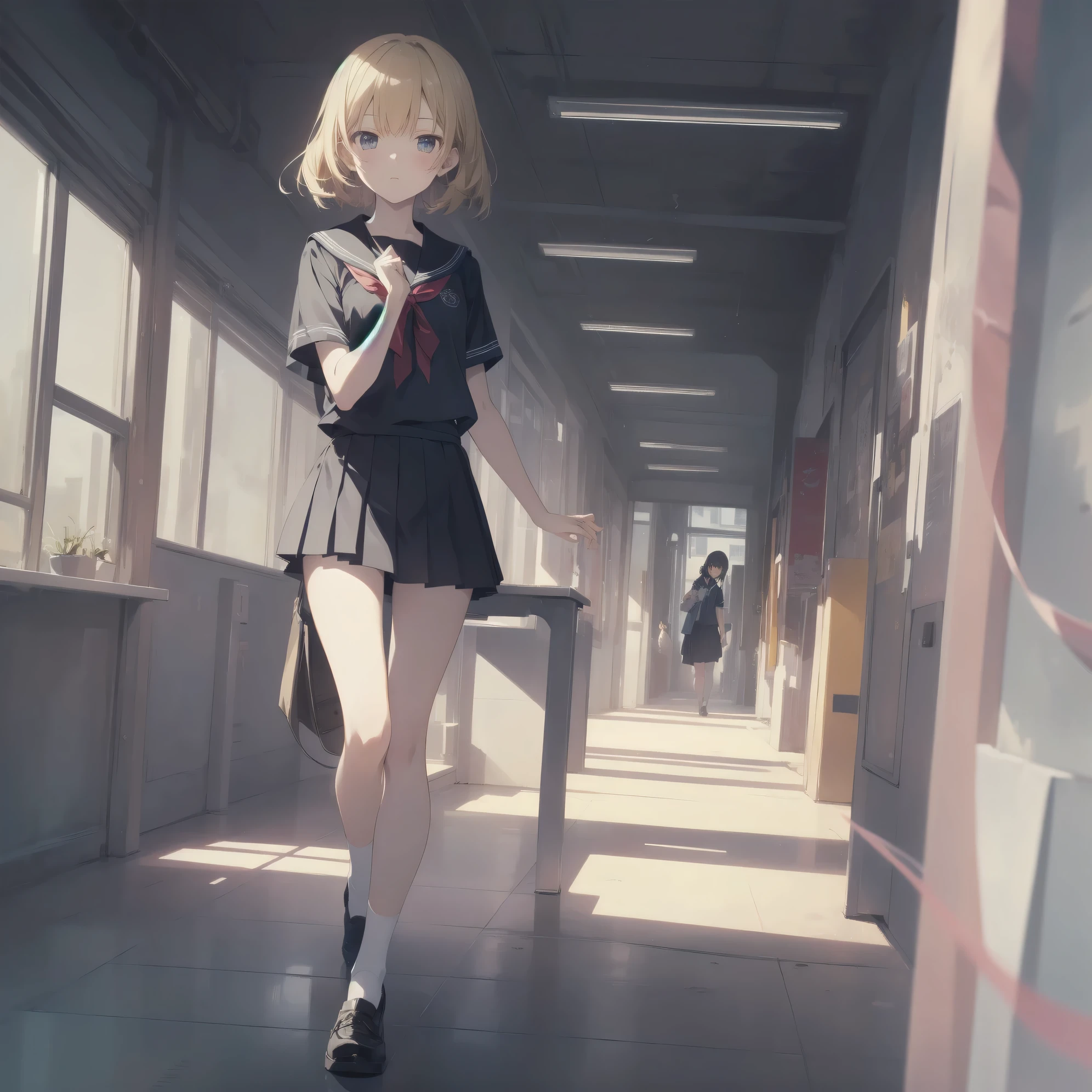 ultra-absurdres-Top quality by artist God, ultra-detailed, high resolution, anime moe artstyle, best anime 8k konachan wallpaper, pixiv contest winner, pool:2810, perfect anatomy,break, 1girl, (Please draw a girl walking sleepily to school alone. )break,(Solo,little female, 13-year-old:1.3),Full limbs, complete fingers,a junior high school student, (very short hair), short cut, flat chest, , small butt, small black eyes, beautiful detailed eyes, well-proportioned iris and pupils, expressive eyes, highres detailed hair, soft expression, salor school_uniform, sailor collar, serahuku, bow, pleated skirt,(Detailed Lighting), (Detailed background), in the School commute route. break,super detailed skin, Best cinematic lighting powered by famous artist, 8k,beauty illustration,photoshop_(medium),very aesthetic,break,((artist:minaba_hideo )), artist:clamp ,artist:carnelian ,artist:kantoku ,