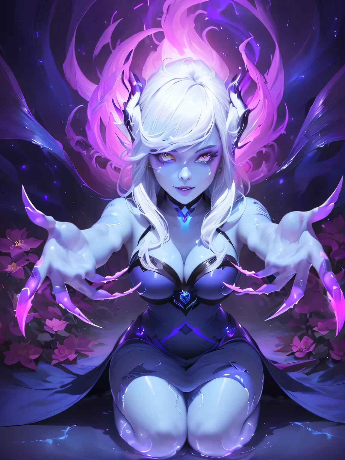 (masterpiece, best quality, high res), Evelynn (League of Legends), blue skin, white hair, purple aura, purple claws, (glowing eyes), alluring, innocent, seductive smile, tear, (reaching towards viewer:1.4), outstretched arm, reaching, cosmic background, purple and red flowers, purple smoke, kneeling, in a river, magic forest, horror (theme), magic aura, detailed, UHD, 8k