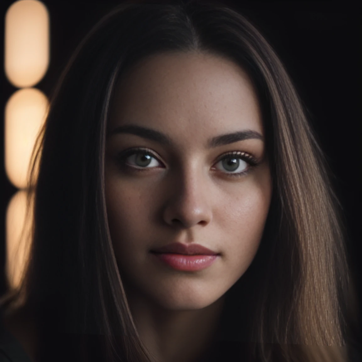 (close-up, editorial photograph of a 21 year old woman), (highly detailed face:1.4) (smile:0.7) (background inside dark, moody, private study:1.3) POV, by lee jeffries, nikon d850, film stock photograph ,4 kodak portra 400 ,camera f1.6 lens ,rich colors ,hyper realistic ,lifelike texture, dramatic lighting , cinestill 800,