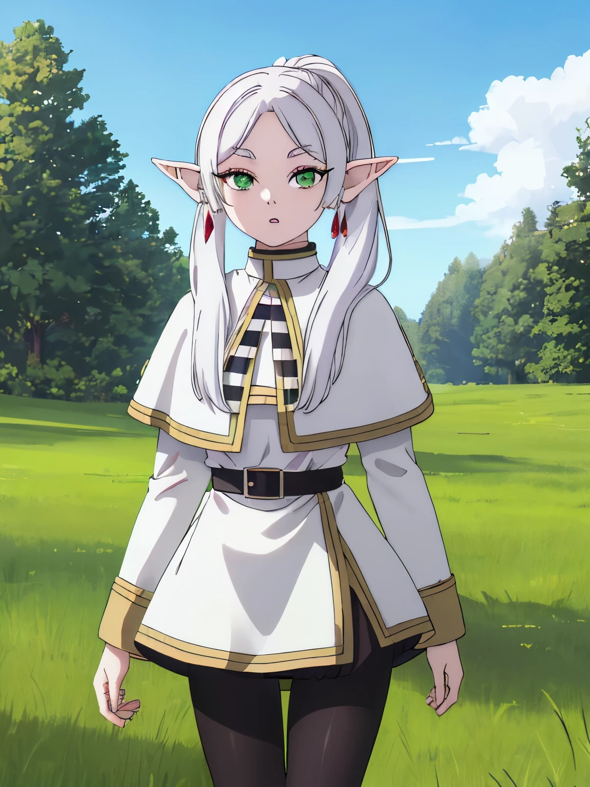 Masterpiece, hd,  frieren, white hair, ponytail,  (green eyes:1.5), pointy ears, elf, shirt, long sleeves, jewelry, pantyhose, earrings, striped, black pantyhose, capelet, striped shirt, looking at viewer, upper body,outdoors, sky, nature, standing outdoor