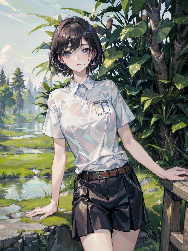 golf uniform, shorts, absurdres, RAW photo, extremely delicate and beautiful, masterpiece, Best Quality, ultra high resolution, 32k, hyperrealistic, ultra-detailed, detailed description, pale skin, 20 years old, tearful mole, earring, big tits, short medium hair, wavy hair, whole body shot,