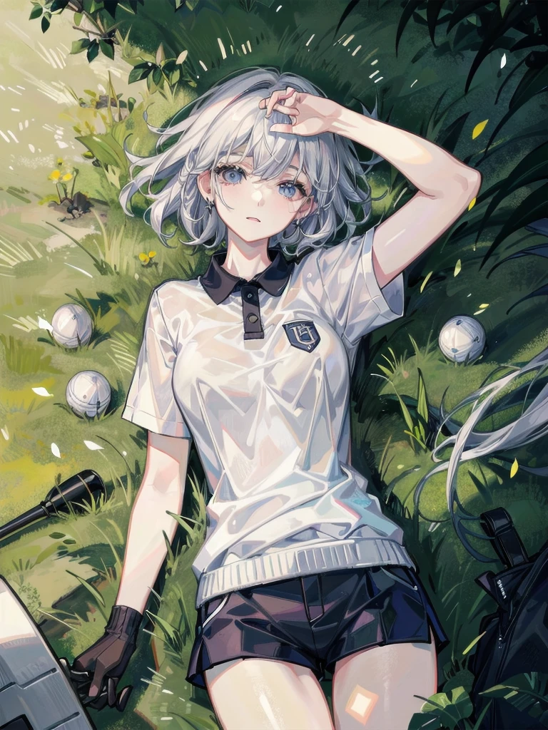 golf uniform, shorts, absurdres, RAW photo, extremely delicate and beautiful, masterpiece, Best Quality, ultra high resolution, 32k, hyperrealistic, ultra-detailed, detailed description, pale skin, 20 years old, tearful mole, earring, big tits, short medium hair, wavy hair, whole body shot,