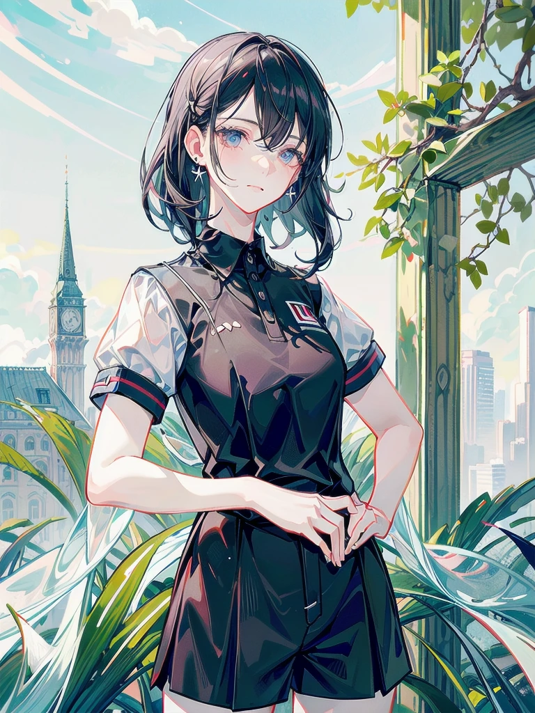 golf uniform, shorts, absurdres, RAW photo, extremely delicate and beautiful, masterpiece, Best Quality, ultra high resolution, 32k, hyperrealistic, ultra-detailed, detailed description, pale skin, 20 years old, tearful mole, earring, big tits, short medium hair, wavy hair, whole body shot,