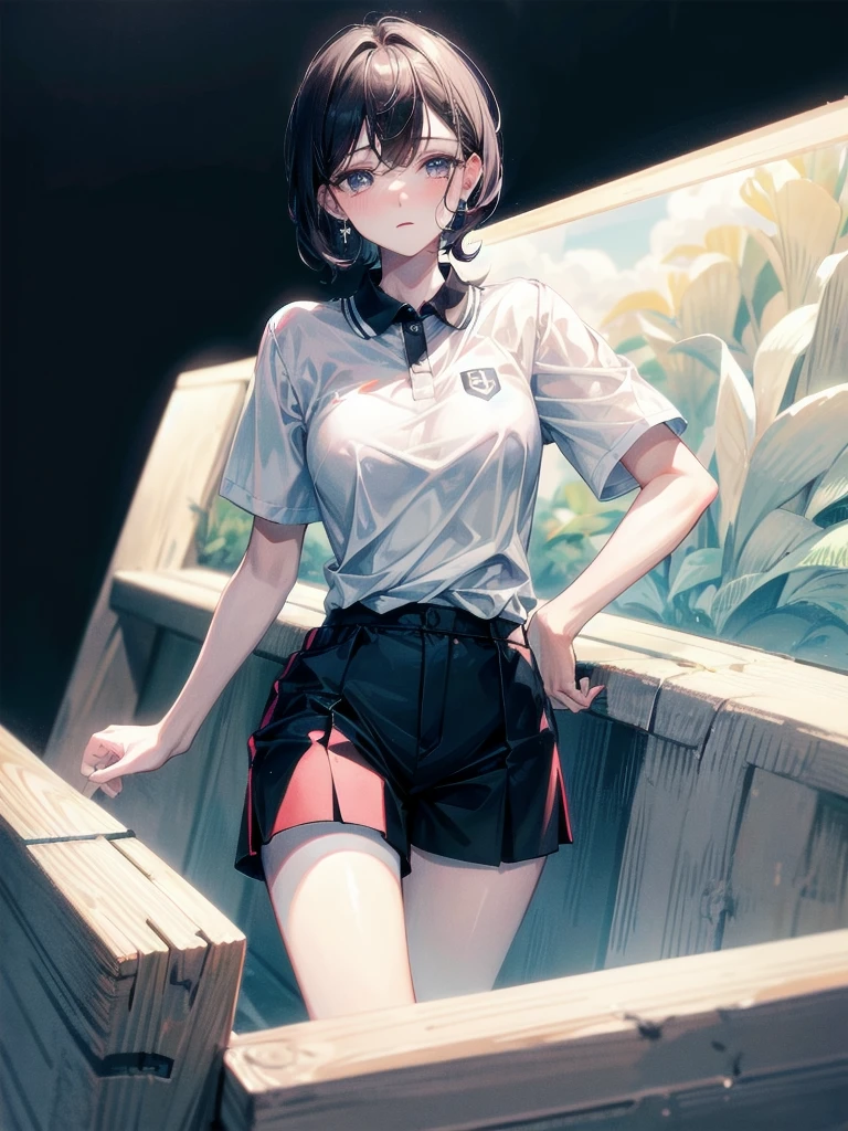 golf uniform, shorts, absurdres, RAW photo, extremely delicate and beautiful, masterpiece, Best Quality, ultra high resolution, 32k, hyperrealistic, ultra-detailed, detailed description, pale skin, 20 years old, tearful mole, earring, big tits, short medium hair, wavy hair, whole body shot,