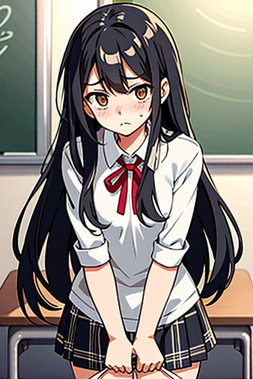 Flat Chest,long hair,plaid skirt,full-face blush,Pull up your skirt,Troubled face,white panties,classroom
