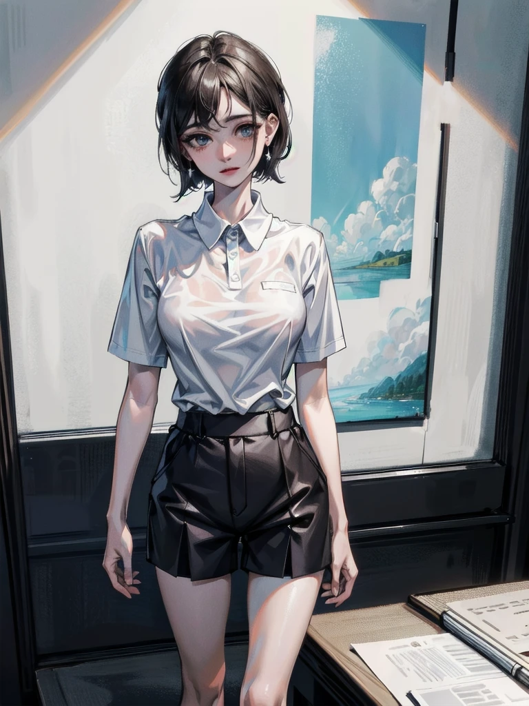 golf uniform, shorts, absurdres, RAW photo, extremely delicate and beautiful, masterpiece, Best Quality, ultra high resolution, 32k, hyperrealistic, ultra-detailed, detailed description, pale skin, 20 years old, tearful mole, earring, big tits, short medium hair, wavy hair, whole body shot,