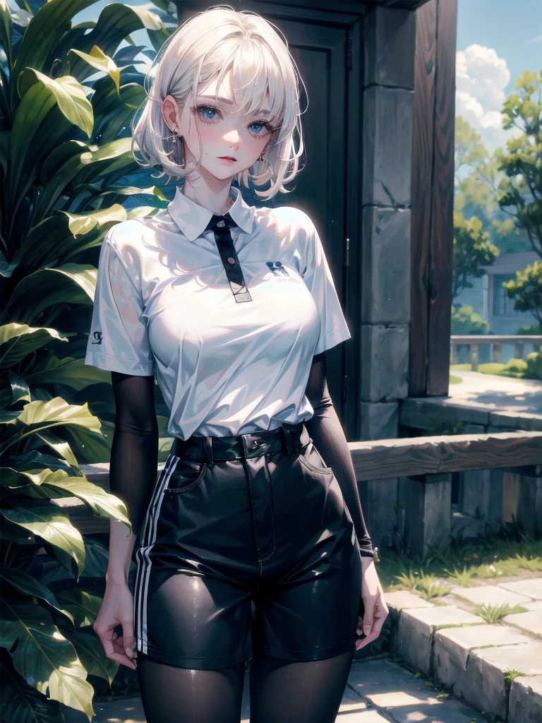 golf uniform, shorts, absurdres, RAW photo, extremely delicate and beautiful, masterpiece, Best Quality, ultra high resolution, 32k, hyperrealistic, ultra-detailed, detailed description, pale skin, 20 years old, tearful mole, earring, big tits, short medium hair, wavy hair, whole body shot,
