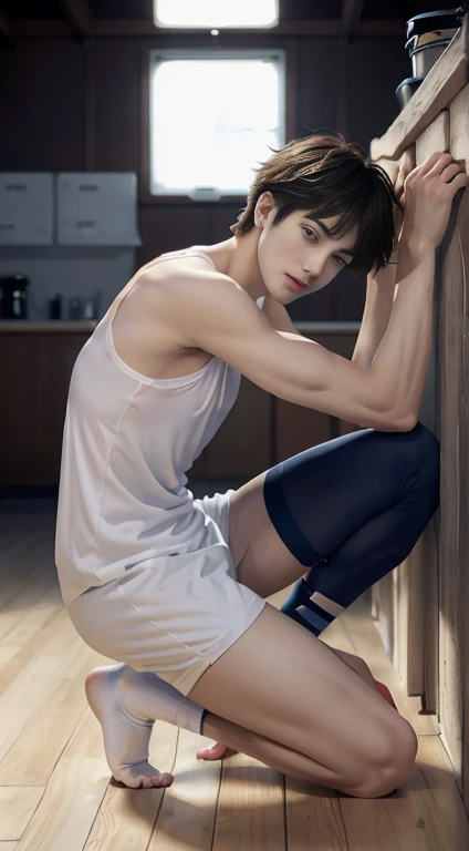 (((Best quality))),(((Ultra detailed))),(((Masterpiece))),(Cute tall Shota:2),The height of a volleyball player,solo person,(full bodyesbian:3),(Stay away from the lens:3),Expose your legs,(revealing the whole body:2),(Frontal heads-up view:1.2),malefocus,(looking at viewert),16 yaers old,(Tall:3),(Tall guy:2),Super tall,(Height 300 cm:2),Excellent body proportionuscular physique,(1.The shoulders are 5 times wider:1.2),(Slender straight legs:2.5),Slender feet,small headusculous,(The face of the animated male protagonist),Pure face,(Very detailed beautiful face and eyes:2),(Big bright eyes:1.2),Sharp eyeliner,Clear and beautiful face,,exhilarated,(Happy smile:2),short detailed hair,(Correct facial features),(tilts your head:1.5),(Men's soccer jersey:2),Long white sockuscle firming:2),Strong,(Wide shoulders and narrow waist:2.2),Sports men's socks,Detailed muscle texture,Highlights muscle structure,At home,(He was kneeling on the ground:4),(full length shoot),ultra-realistic realism, (Photorealistic detail), Incredible accuracy, lifelike textures, masterful technique, Jaw-dropping precision, artistic dedicatiotomy correct),Good lighting,exquisite detailing,Best quality,stunning masterpiece,CG,(Colored screen)