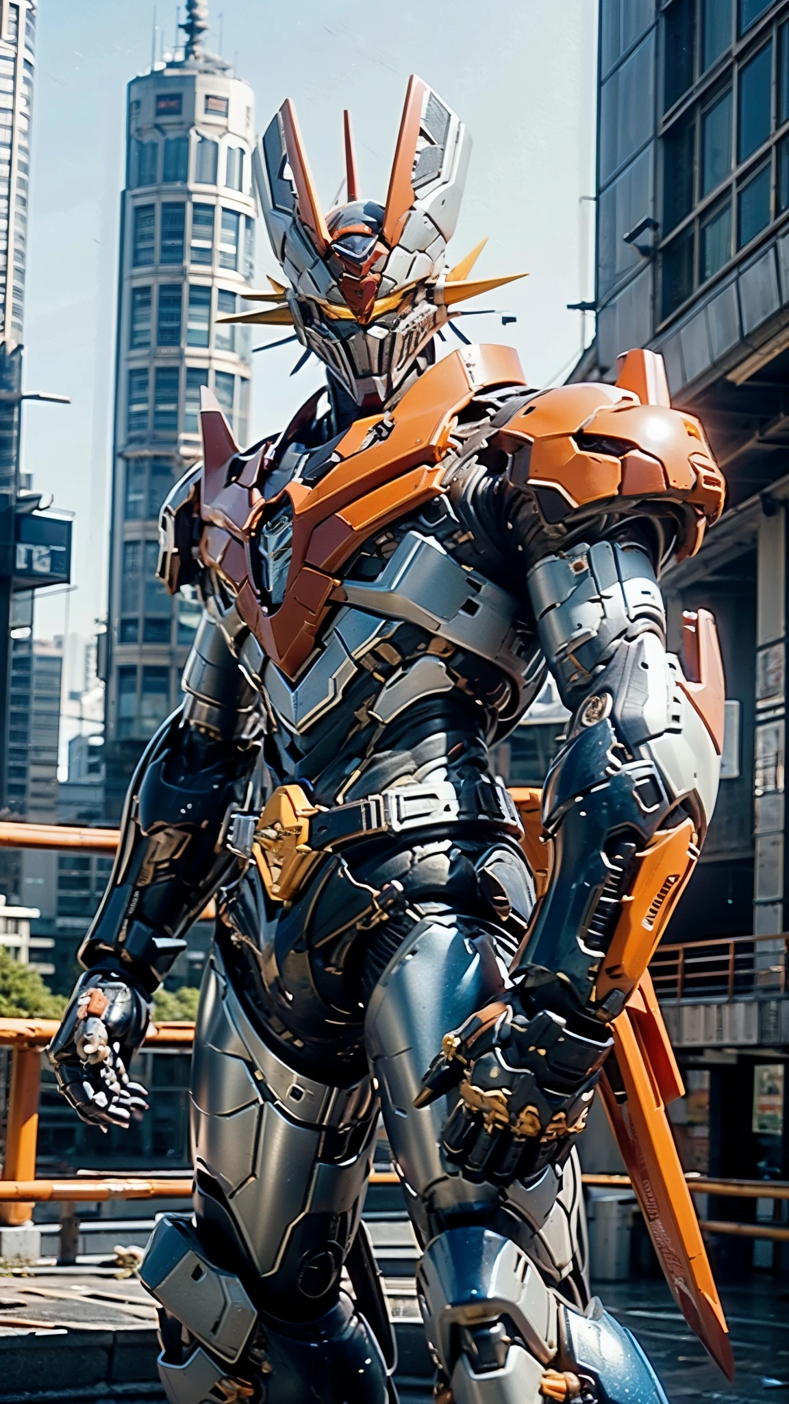A man wearing a full-face helmet, a fantasy-style biotech armored combat suit, green eyes, (a composite layered chest armor), fully enclosed shoulder guards, matching arm and leg guards, the belt is adorned with Z mark, (the color scheme is primarily white with red and blue accents), the design balances heavy with agility, a high-tech bio-mecha armor, (Armor Concept Inspired by Mazinger Z, stand on the top of a skyscraper in a futuristic sci-fi city), this character embodies a finely crafted fantasy-surreal style armored hero in anime style, exquisite and mature manga art style, (battle damage, element, plasma, energy, the armor glows), ((male:1.5)), metallic, real texture material, dramatic, high definition, best quality, highres, ultra-detailed, ultra-fine painting, extremely delicate, professional, perfect body proportions, golden ratio, anatomically correct, symmetrical face, extremely detailed eyes and face, high quality eyes, creativity, RAW photo, UHD, 32k, Natural light, cinematic lighting, masterpiece-anatomy-perfect, masterpiece:1.5