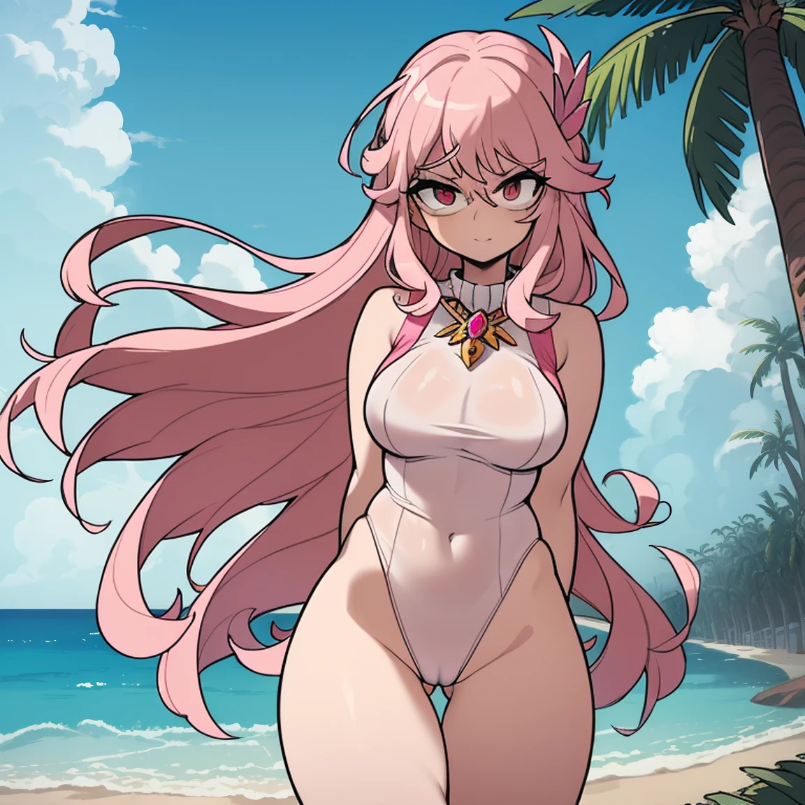 (masterpiece, best quality:1.2), cowboy shot, (solo), (1girl):1.5, glasses, long fluffy pink hair, hair blowing, gorgeous body, wide hips, slight smile, (sexy transparent leotard), navel exposed, belly, gorgeous mid breasts, breasts niples, (cameltoe), in front a palms in a windy beach, view form sea to beach.