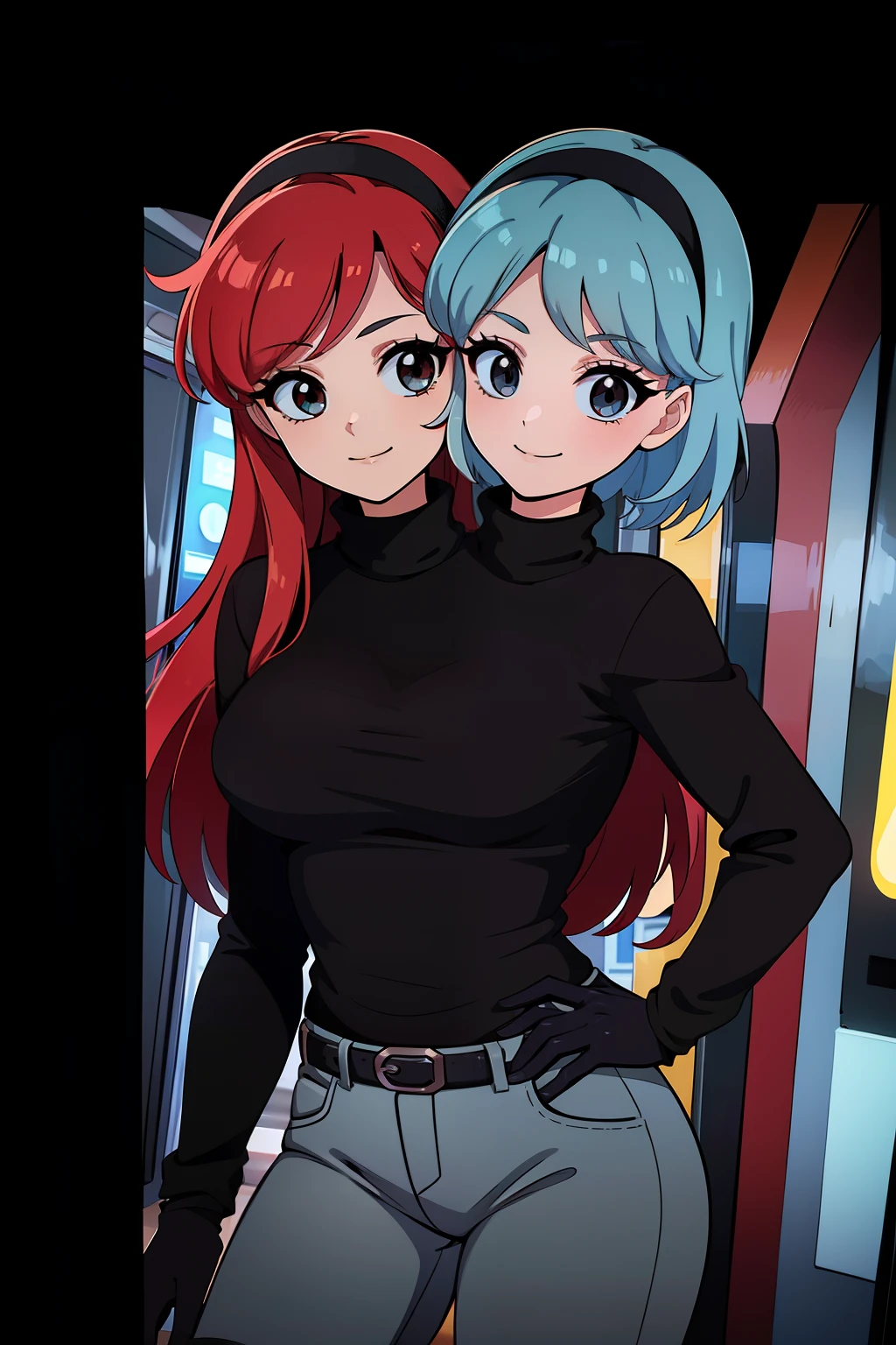 best quality, (masterpiece),(ultra-detailed), (high quality), (high resolution), ((2heads:1.5)), best quality:1.5, highres, UHD, 16K), smiling, highres, masterpiece, ((light blue hair)), ((red hair)), ((different hair colors)), gamer girl, long hair, hair band, black eyes, ((black turtleneck shirt)), grey pants, arcade room, (black gloves), cowboy shot