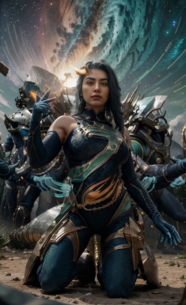 **Nome:** Zyrenna, the Guardian of the Multiverse

**Origem:** Zyrenna nasceu do caos primordial que existe entre os diferentes universos. When the first universes began to form, a energia residual do Big Bang se concentrou e deu origem a Zyrenna, a being of pure cosmic power and infinite intelligence. She was created to maintain balance between the multiverses and protect all realities from destruction..

**Appearance:** Zyrenna has an imposing and majestic appearance. She has a tall stature and a strong presence. Your skin is a deep blue hue, dotted with bright stars that seem to change position like a living star map. Your eyes are like black holes, absorbing light and emitting an aura of mystery and wisdom. Ela usa uma armadura feita de metal celestial, that shines with the colors of the cosmic rainbow.

**Habilidades:**
- **Manipulation of Time and Space:** Zyrenna can bend time and space to its will, allowing her to travel between universes and rewrite events as needed to maintain balance.
- **cosmic energy:** She controls vast amounts of cosmic energy, You can use it to both create and destroy. Her ability to manipulate this energy allows her to face any threat with brute force or magic..
- **Telepatia e Telecinese:** Zyrenna can read minds and move objects with the power of thought, facilitating communication and combat.
- **Regeneration:** Seu corpo se regenera rapidamente, tornando-a praticamente imortal.

**history:**
Since its creation, Zyrenna vagou pelos multiversos, combating threats that could destabilize the harmony of different realities. Ela enfrentou deuses malignos, chaotic entities and even human beings who discovered ways to traverse universes and try to dominate them.

One of your biggest enemies is Korvax, o Destruidor de Universos, an entity that wishes to collapse all universes into a single point of singularity to acquire infinite power