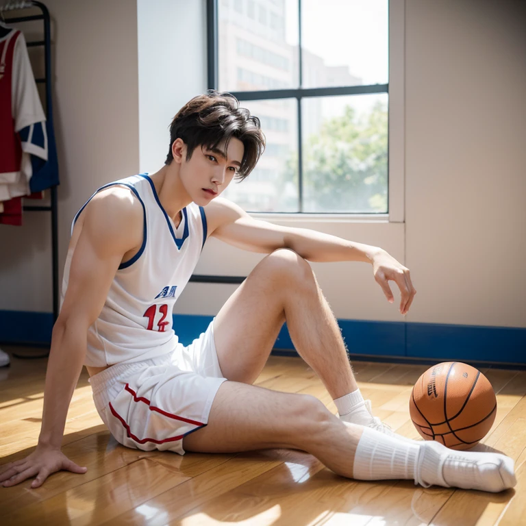 nude,arafed man sitting on the floor with a basketball ball in his hand, cai xukun, korean muscle boy 2 1 years old, inspired by Bian Shoumin, handsome anime pose, jinyoung shin, athletic tall handsome guys, wearing basketball jersey, inspired by Zhang Han, male ulzzang, scence of slam dunk, south korean male, sporty physique, nanquan