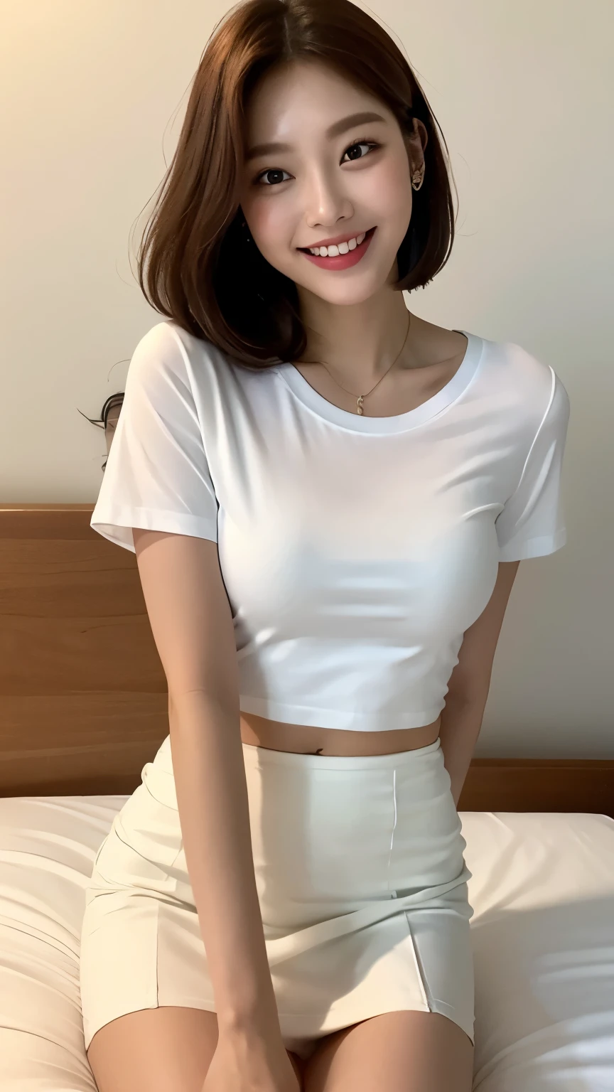 White tight shirt、White tight mini skirt、bed、smile、Short sleeve、high resolution、Korean idol face、double eyelid、White teeth