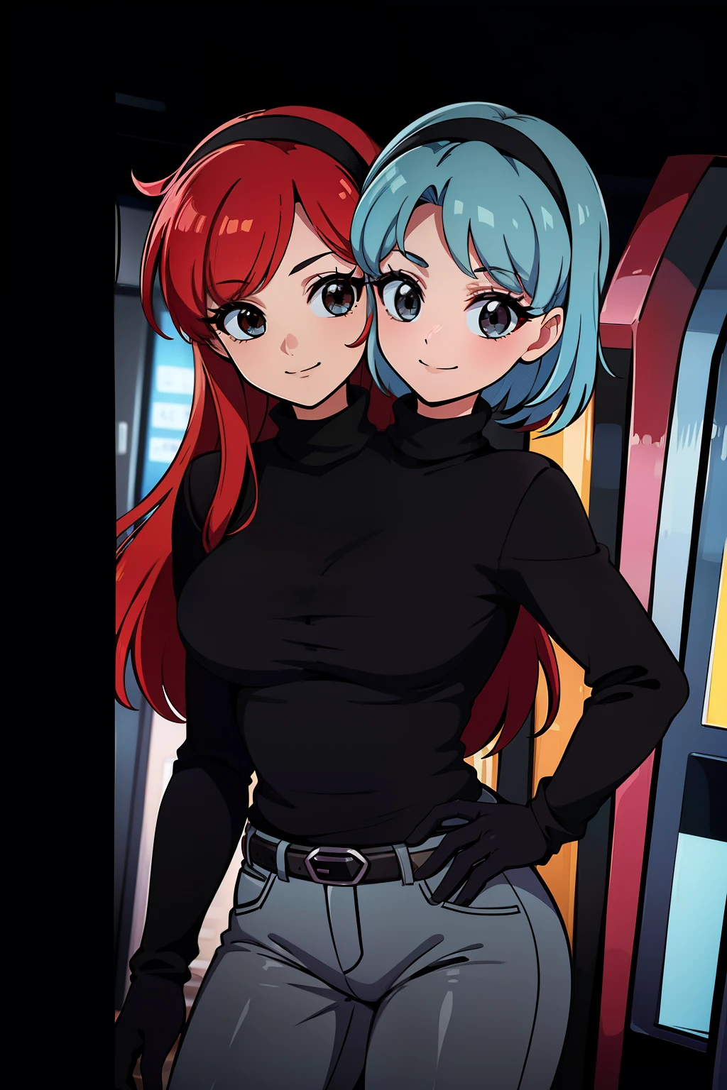 best quality, (masterpiece),(ultra-detailed), (high quality), (high resolution), ((2heads:1.5)), best quality:1.5, highres, UHD, 16K), smiling, highres, masterpiece, ((light blue hair)), ((red hair)), ((different hair colors)), gamer girl, long hair, hair band, black eyes, ((black turtleneck shirt)), grey pants, arcade room, (black gloves), cowboy shot