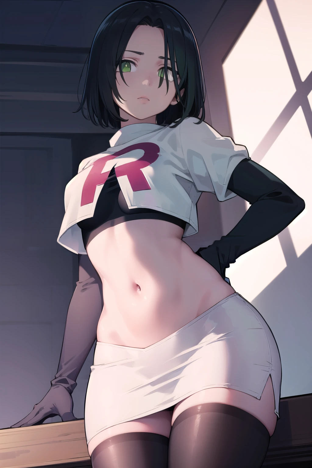 fubuki, fubuki, black hair, (green eyes:1.5), short hair,
BREAK jewelry, team rocket,team rocket uniform,white skirt,red letter R,crop top,black thigh-highs,black elbow gloves,
BREAK looking at viewer,
BREAK (masterpiece:1.2), best quality, high resolution, unity 8k wallpaper, (illustration:0.8), (beautiful detailed eyes:1.6), extremely detailed face, perfect lighting, extremely detailed CG, (perfect hands, perfect anatomy),