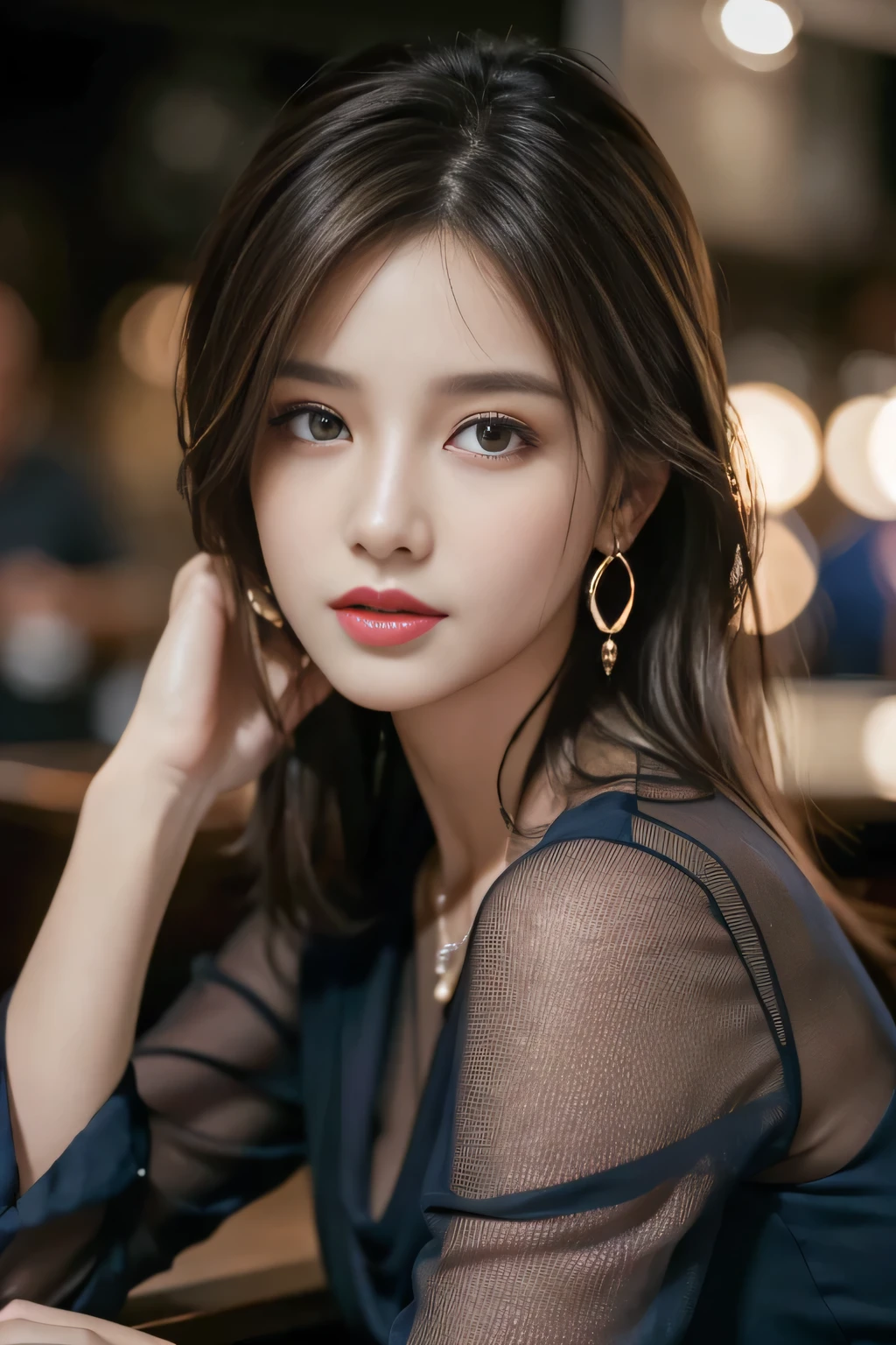 masterpiece, highest quality, Realistic, Very detailed, Finer details, High resolution, 8k wallpaper, One beautiful woman, Wear a dark blue see-through shirt, In a great restaurant, At night, Light brown messy hair, Perfect dynamic composition, Beautiful and beautiful eyes、Big earrings