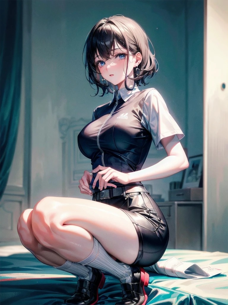 golf uniform, shorts, absurdres, RAW photo, extremely delicate and beautiful, masterpiece, Best Quality, ultra high resolution, 32k, hyperrealistic, ultra-detailed, detailed description, pale skin, 20 years old, tearful mole, earring, big tits, short medium hair, wavy hair, whole body shot,