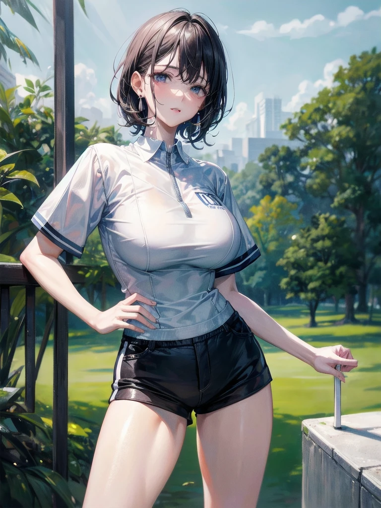 golf uniform, shorts, absurdres, RAW photo, extremely delicate and beautiful, masterpiece, Best Quality, ultra high resolution, 32k, hyperrealistic, ultra-detailed, detailed description, pale skin, 20 years old, tearful mole, earring, big tits, short medium hair, wavy hair, whole body shot,