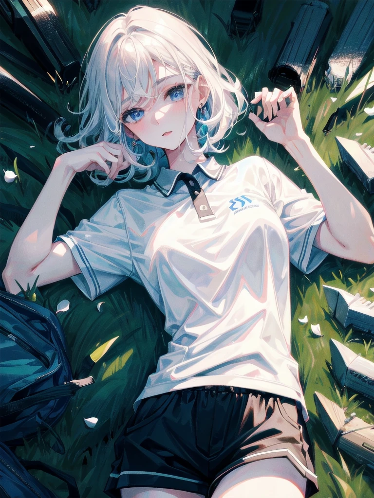 golf uniform, shorts, absurdres, RAW photo, extremely delicate and beautiful, masterpiece, Best Quality, ultra high resolution, 32k, hyperrealistic, ultra-detailed, detailed description, pale skin, 20 years old, tearful mole, earring, big tits, short medium hair, wavy hair, whole body shot,