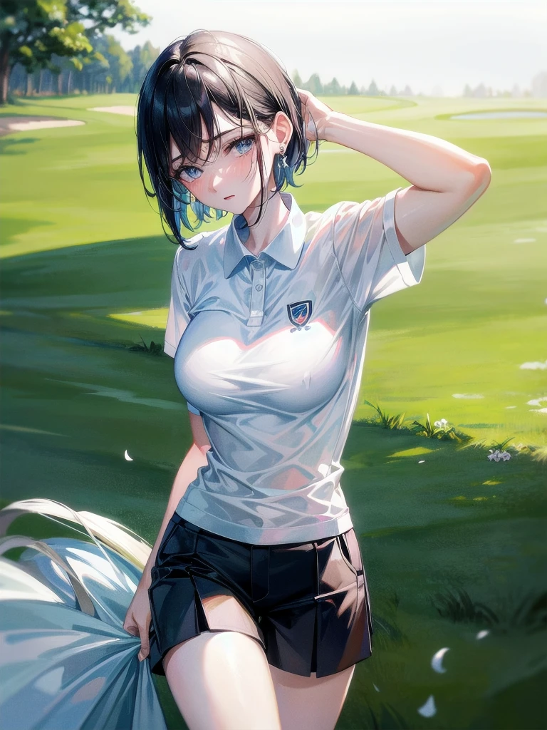 golf uniform, shorts, absurdres, RAW photo, extremely delicate and beautiful, masterpiece, Best Quality, ultra high resolution, 32k, hyperrealistic, ultra-detailed, detailed description, pale skin, 20 years old, tearful mole, earring, big tits, short medium hair, wavy hair, whole body shot,