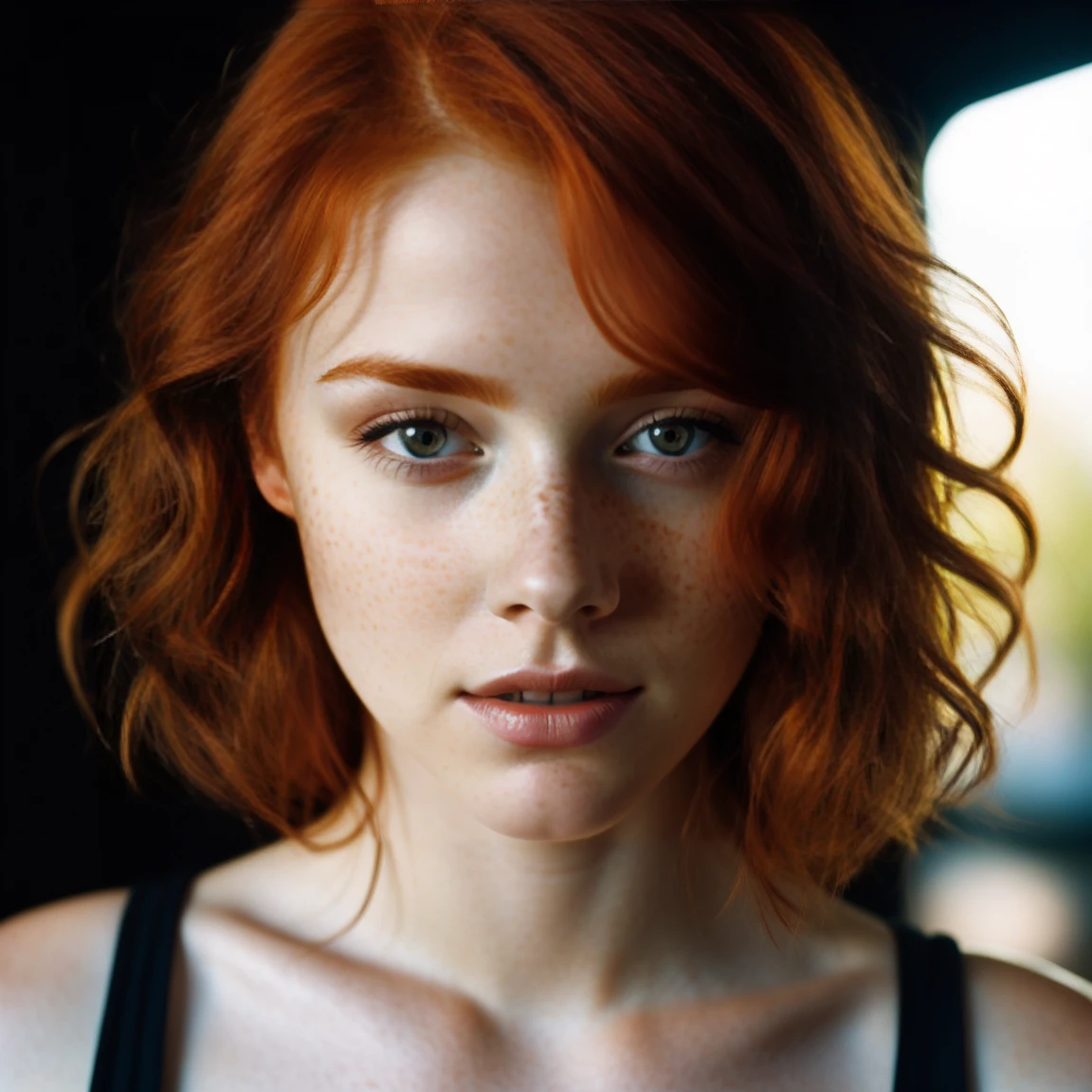 beautiful redheaded woman, freckles, slightly tilted head, dark makeup, hyper-detailed photography, soft light, head and shoulder portrait, cover, sharp focus