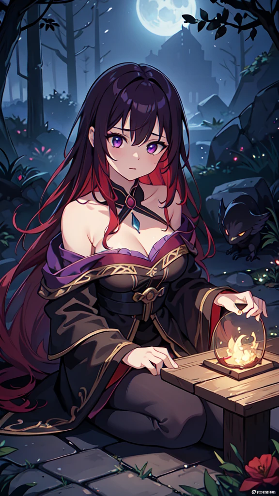 A red-haired sorceress with mesmerizing eyes and enchanting lips stands in a magical night garden, her fingertips reaching out for a crow. The scene is bathed in a mysterious glow, with soft moonlight casting shadows on the lush foliage surrounding her. The witch is dressed in a flowing robe adorned with intricate patterns, representing her powerful connection to the arcane arts. The crow, with feathers as dark as the night, perches on a twisted branch, its eyes filled with intelligence and mischief. As the sorceress extends her hand, a subtle swirl of vibrant red and purple magic begins to envelop her and the crow, hinting at the immense power she possesses. The atmosphere is filled with an air of both danger and intrigue, as if the witch is about to embark on an epic quest in a mystical RPG adventure. The artwork is of the highest quality, with an emphasis on ultra-detailed elements, realistic textures, and vivid colors. The lighting is carefully crafted to create a sense of depth and drama, with moonlight casting delicate highlights and shadows on the witch and her surroundings. This prompt promises to generate a masterpiece, capturing the essence of witchcraft and the allure of a sorceress immersed in a world of magic and mystery., sitting on the ground