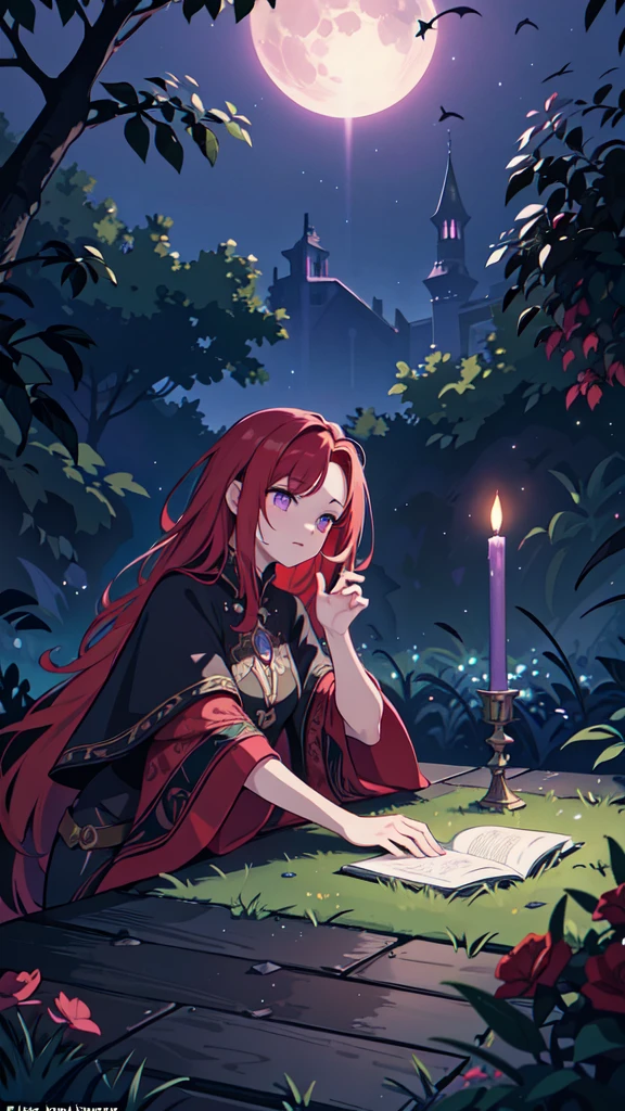 A red-haired sorceress with mesmerizing eyes and enchanting lips stands in a magical night garden, her fingertips reaching out for a crow. The scene is bathed in a mysterious glow, with soft moonlight casting shadows on the lush foliage surrounding her. The witch is dressed in a flowing robe adorned with intricate patterns, representing her powerful connection to the arcane arts. The crow, with feathers as dark as the night, perches on a twisted branch, its eyes filled with intelligence and mischief. As the sorceress extends her hand, a subtle swirl of vibrant red and purple magic begins to envelop her and the crow, hinting at the immense power she possesses. The atmosphere is filled with an air of both danger and intrigue, as if the witch is about to embark on an epic quest in a mystical RPG adventure. The artwork is of the highest quality, with an emphasis on ultra-detailed elements, realistic textures, and vivid colors. The lighting is carefully crafted to create a sense of depth and drama, with moonlight casting delicate highlights and shadows on the witch and her surroundings. This prompt promises to generate a masterpiece, capturing the essence of witchcraft and the allure of a sorceress immersed in a world of magic and mystery., sitting on the ground