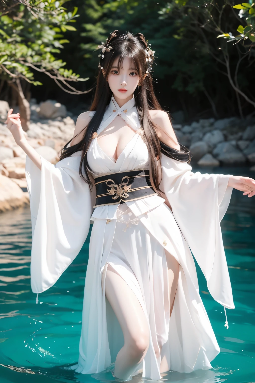 Beautiful woman with perfect body:1.4,Layered Hairstyle,Prominent cleavage,Highly detailed face and skin textures,Double eyelids,Skin Whitening,Long hair,Whitened long legs,(Black Hanfu)Standing by the sea