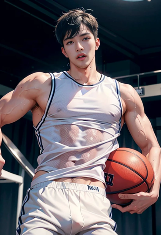 (10, raw photograph, Best qualtiy, master-piece:1.2), (lifelike, photo-realistic:1.4), illustration, high-res,hexagon,(1 Boy), Black Hair,rich, rough skin;, (oval face:1.1), Professional lighting, photons mapping, radiosity, Physical display, handsome, Sexy masculinity,Wear white trousers..,musculature,full ,Large bulge,Dunk on the basketball court, The shirt was so wet that I could see the muscles., Some pants can be seen inside.