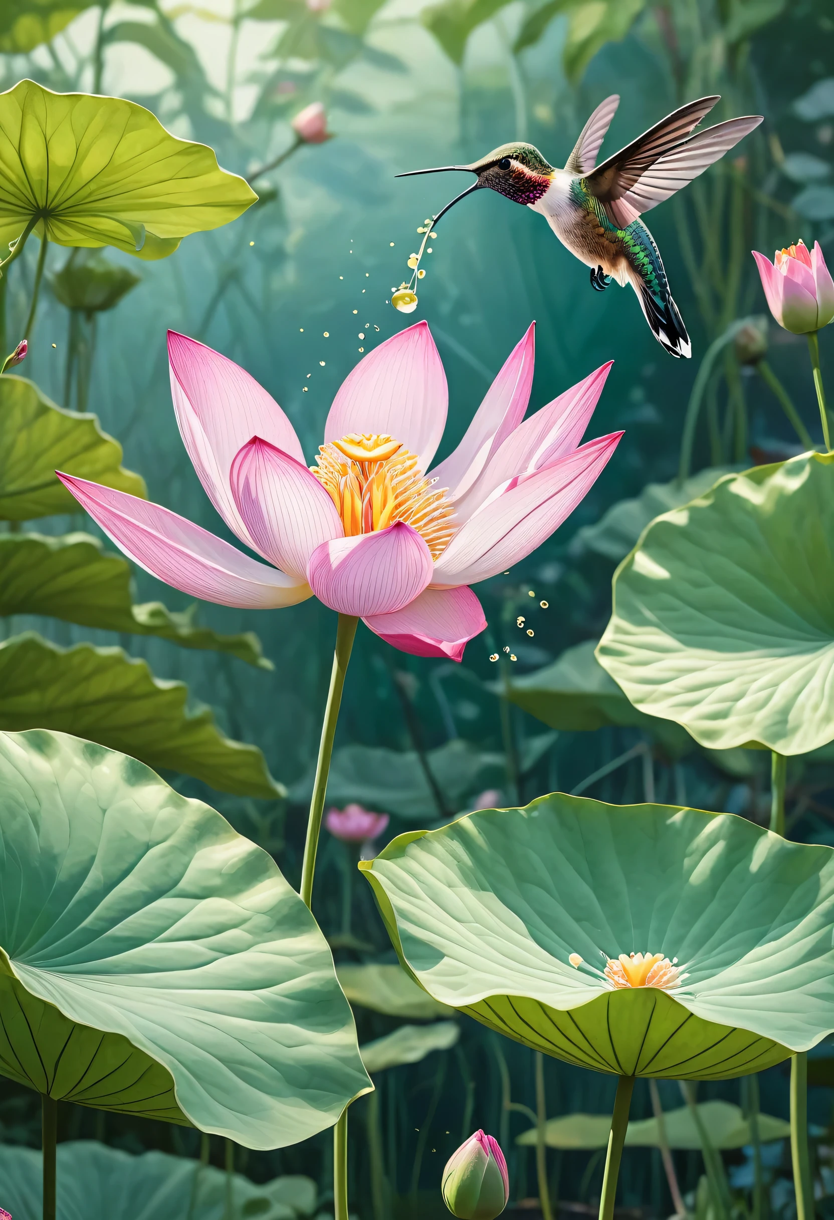 Create a picture of a hummingbird in a tranquil setting in an overgrown garden oasis,Illustration of a person sipping nectar from a realistically detailed lotus flower.