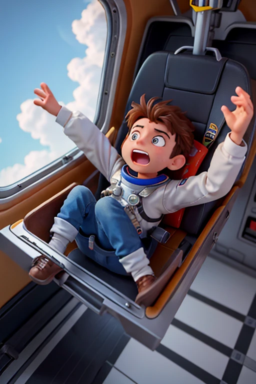 Mas, along with the emotion, fear also came. Luca had never flown before and the idea of boarding a spacecraft terrified him.. Mesmo assim, He couldn&#39;t let this opportunity slip away. then, with a racing heart, Luca se inscreveu para a aventura. imagine this illustration with an 8 year old boy 