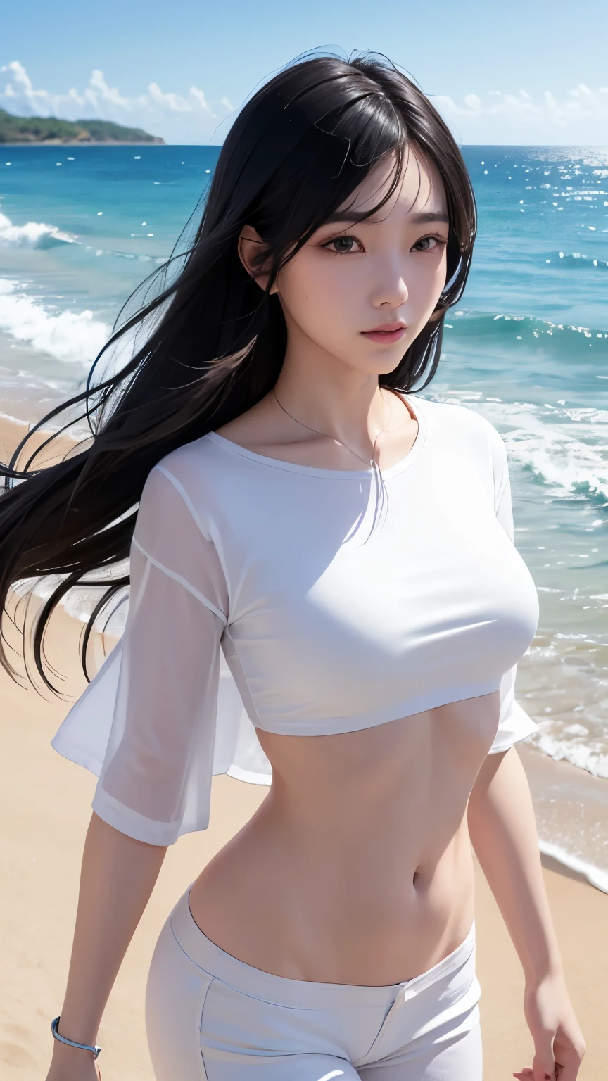 (logo、masterpiece、8k、Tabletop、RAW Photos、wonderful、最high quality、Photorealistic and Very detailed CG integrated 8k wallpaper、high quality、Very detailed、Narrative poem、Particle Effects、Dynamic Effects、Written boundary depth、Cinematic Light、Lens flare、Ray Tracing)、Fantasy、 (One beautiful woman、White pants、White T-shirt、White tube top、White crop top、Black-haired、Beautiful Face、True Face、Beautiful details、eye、Beautiful Skin、Ultimate Body、glamorous)、私の髪はWindに舞う、Hair flutters in Wind、Hair bounces、Seaside、wonderful景色、Coastal、sunrise、Sun in the background、Wind、Beach