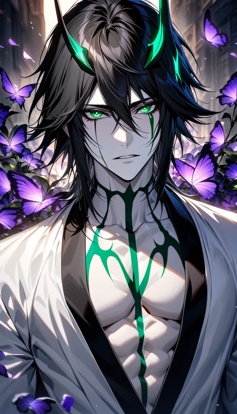absurdres, highres, ultra detailed, HDR, masterpiece, extremely detailed face and eyes, Ulquiorra Cifer, black hair, hair between the eyes, expressive green eyes, pale skin, Bleach, solo, sexy man, handsome, handsome, white clothes, purple butterflies, purple petals, purple flowers