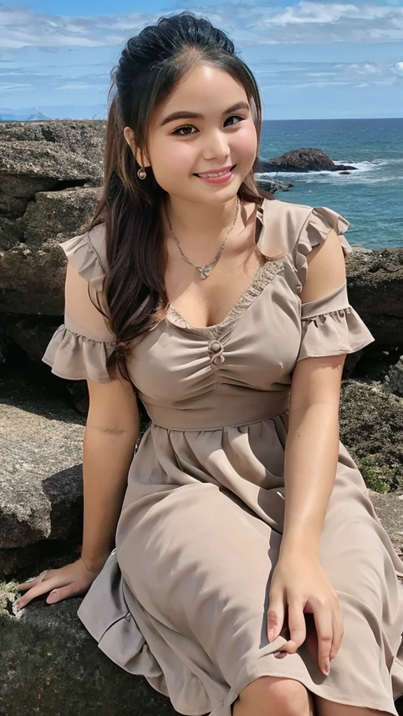 1 girl, alone, looking at the viewer, dark blonde long hair, hair is tied up, ((maid dress, sheer dress)), brown eyes, Coastal rocky background, small breast , smile, sitting, realistic, masterpiece, 最high quality, high quality, High resolution,