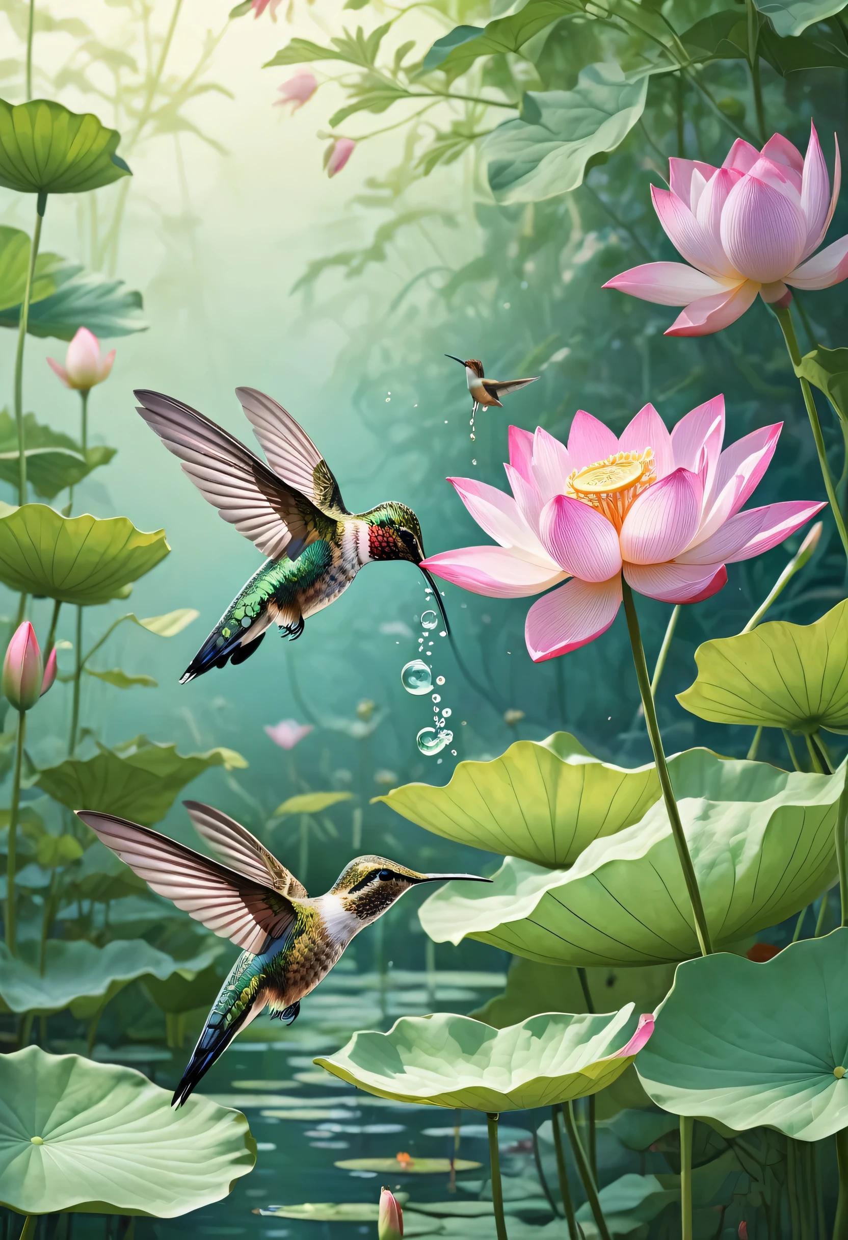 Create a picture of a hummingbird in a tranquil setting in an overgrown garden oasis,Illustration of a person sipping nectar from a realistically detailed lotus flower.