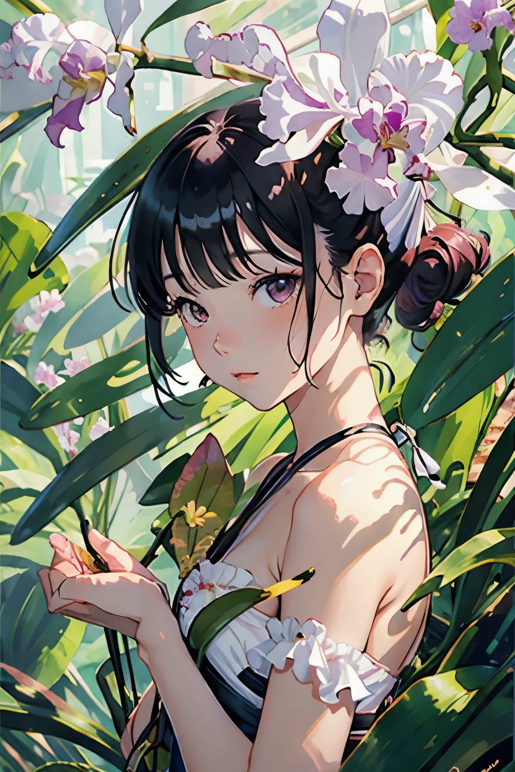 (highest quality、High resolution、masterpiece)、4K Anime Art、(Cattleya, flower, white, pink, leaf, )、 (Blue Butterfly)、(熱帯のflowerと観賞植物)、(Orchid Fairy、Beautiful Face、one piece、Small breasts、whole body)、(Sargent-style watercolor)、(white色の背景)、(No background)、Blur the background、