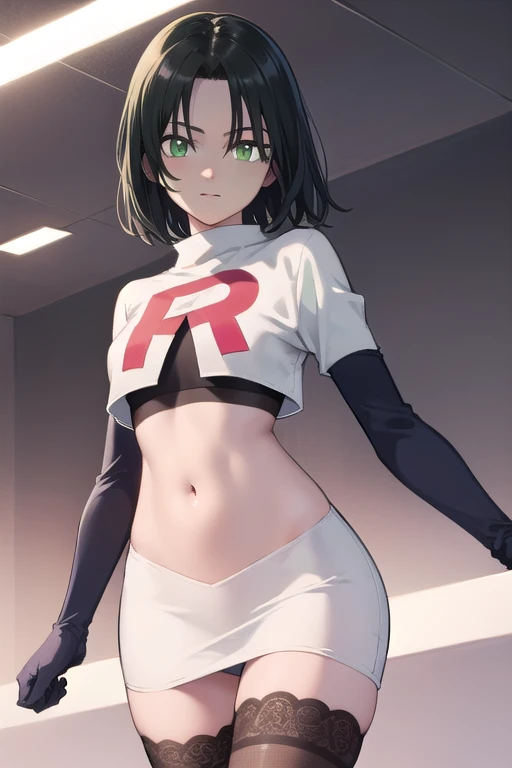 fubuki, fubuki, black hair, (green eyes:1.5), short hair,
BREAK jewelry, team rocket,team rocket uniform,white skirt,red letter R,crop top,black thigh-highs,black elbow gloves,
BREAK looking at viewer,
BREAK (masterpiece:1.2), best quality, high resolution, unity 8k wallpaper, (illustration:0.8), (beautiful detailed eyes:1.6), extremely detailed face, perfect lighting, extremely detailed CG, (perfect hands, perfect anatomy),