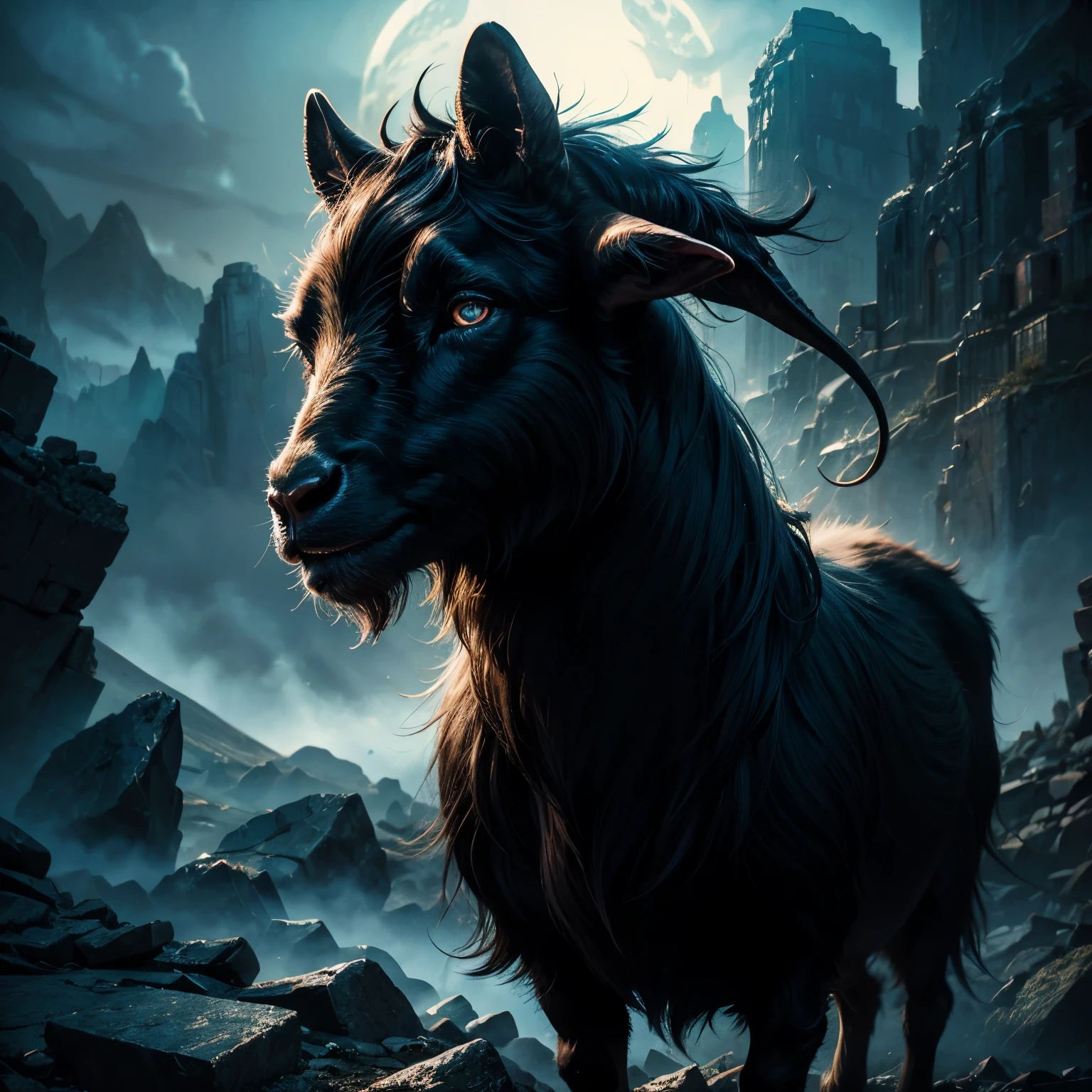 Black goat、Black shiny fur、Curvy Corner、Sharp hooves、Dark and mysterious eyes、Strong muscles、Graceful Movement、Rugged Mountain々Background、Spooky atmosphere、Mysterious and powerful presence、Artistic painting、High Contrast、Rich and deep colours、 Dramatic lighting、highest quality、Super detailed、Photorealistic、Bokeh、Portrait