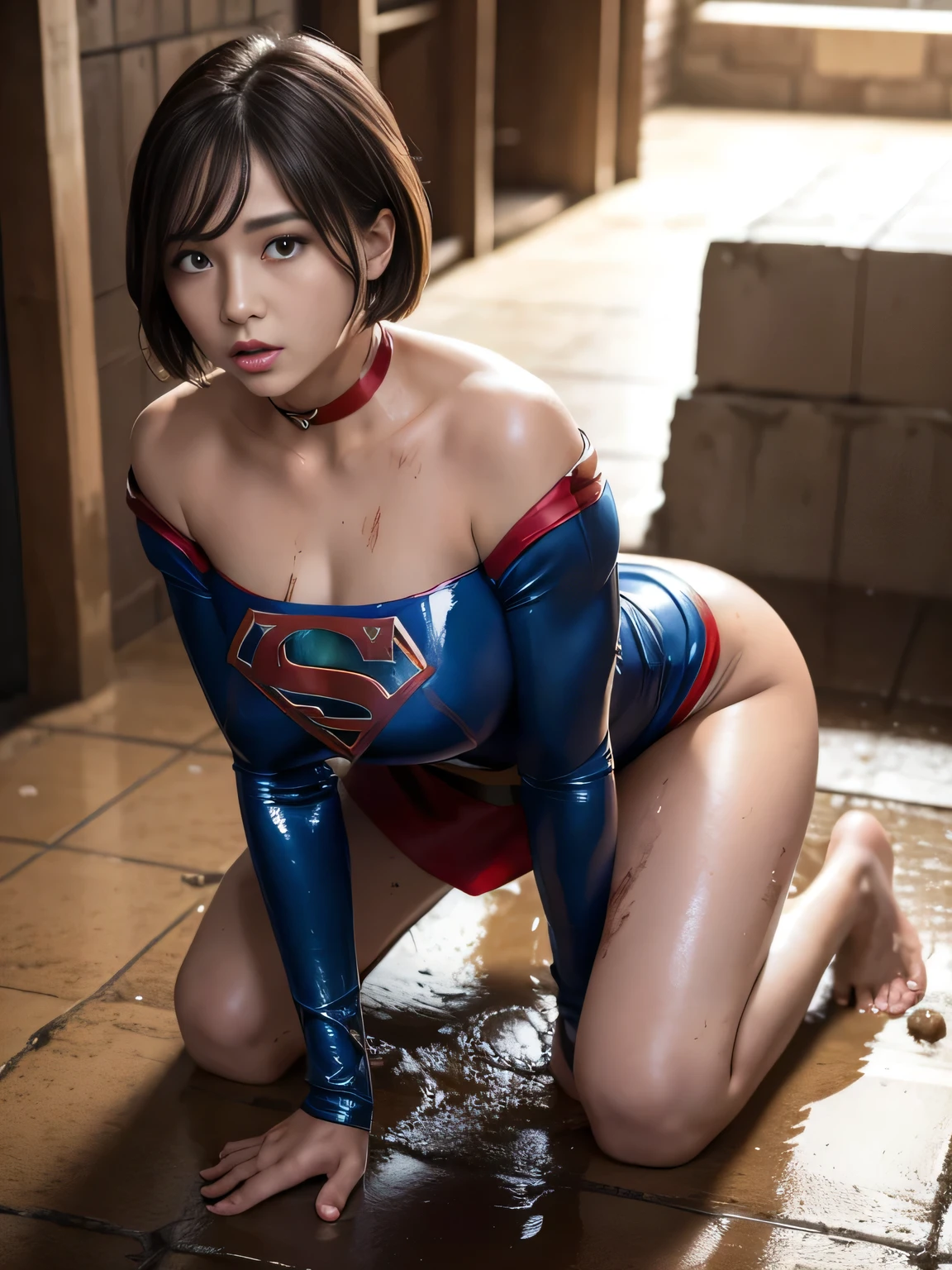 masterpiece、Supergirl Costume、short hair、barefoot、Big and ample breasts、Crisis situation、Complete surrender、Mud stains、dirty basement、Abused、Kneel、Sweaty、Shiny、looking at the camera、Dripping sewage、choker、Long sleeve、Sexy poses to seduce、Poor environment、Humiliating、Off the shoulder、latex、