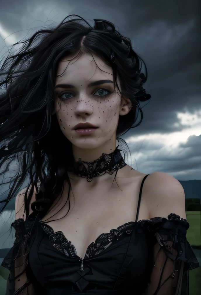 (masterpiece, high quality, best resolution), portrait of a gothic girl, wearing black, dark dreams, black hair, alluring, seductive, storm clouds, whimsical charm, ethereal glow, freckles, tack sharp focus on eyes, one arm behind head, intricate lines, intriguing atmosphere, sharp magnificent details, delicate features, elaborate details, realistic, HD, 4k